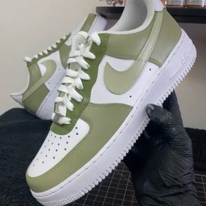 Nike Air Force 1 Custom Sneakers Low Two Tone Army Military Green White  Shoes 